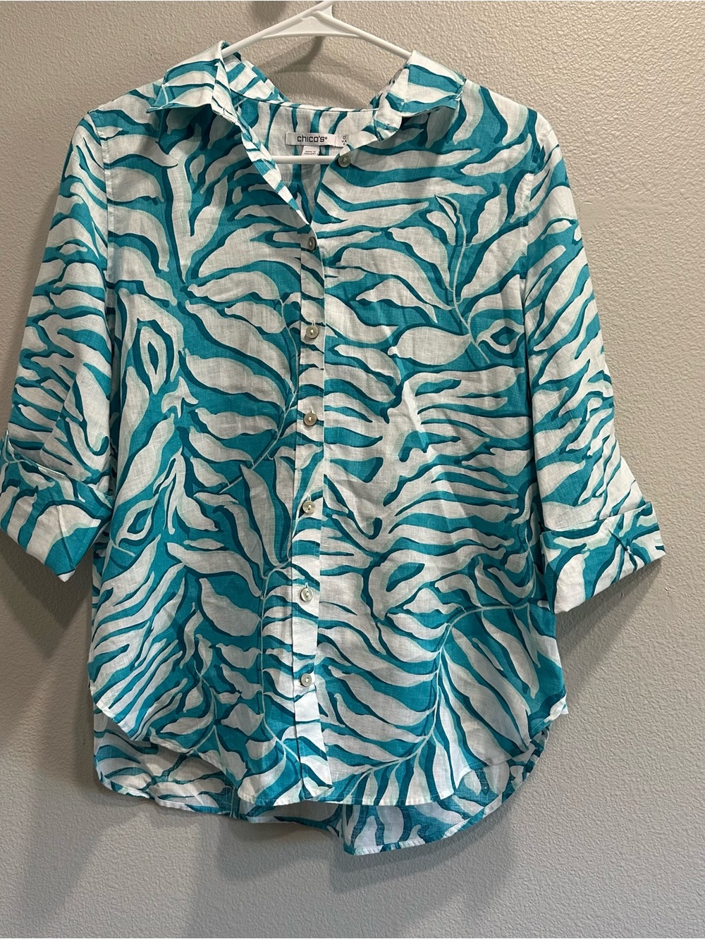 Chico's Turquoise & White Zebra-Stripe Button-Down Shirt,linen,3/4 sleeve
